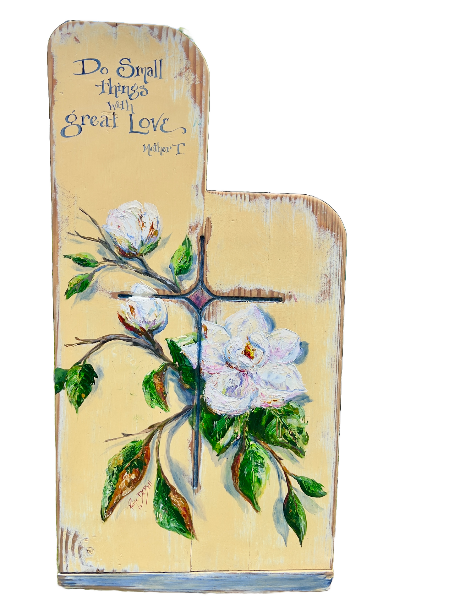 MAGNOLIA Painting on Salvaged CHURCH PEW with Mother Teresa quote* New Orleans artist Paige DeBell.