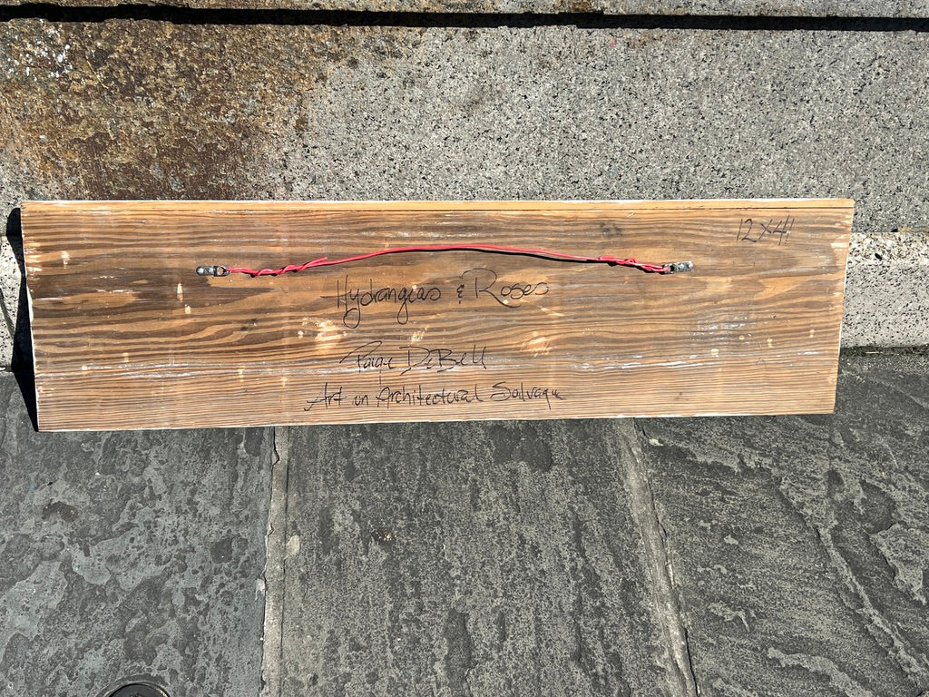 Roses and Hydrangeas. Original on Architectural salvage from New Orleans. 14 x41”