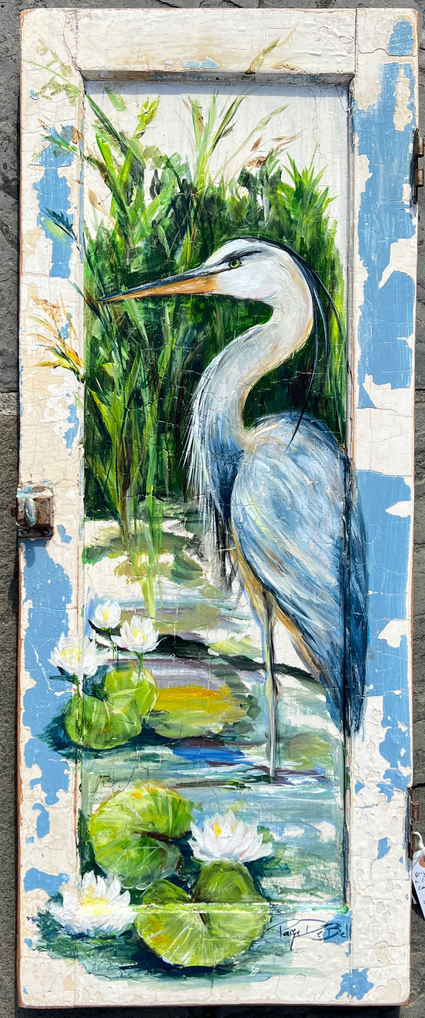BLUE HERON Wall Art “PATIENCE” 12x36 – Nature-Inspired Canvas Giclée on Reclaimed Wood by Paige DeBell