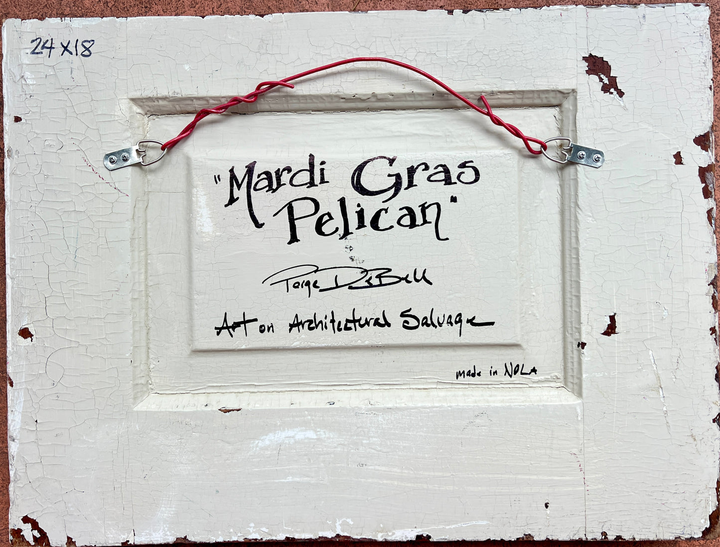 MARDI GRAS PELICAN *Uptown Parade Pelican – Original Mardi Gras Painting on New Orleans Salvaged Door Panel