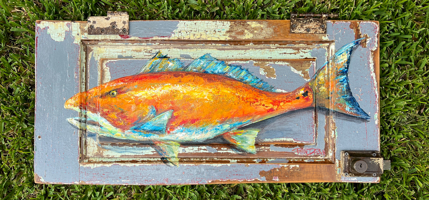RED FISH PAINTING Original Red Drum Fish Painting by Paige DeBell on Architectural Salvage from New Orleans * Coastal Fine Art Wall Decor*