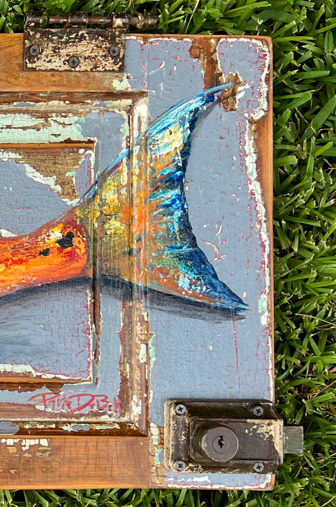 RED FISH PAINTING Original Red Drum Fish Painting by Paige DeBell on Architectural Salvage from New Orleans * Coastal Fine Art Wall Decor*