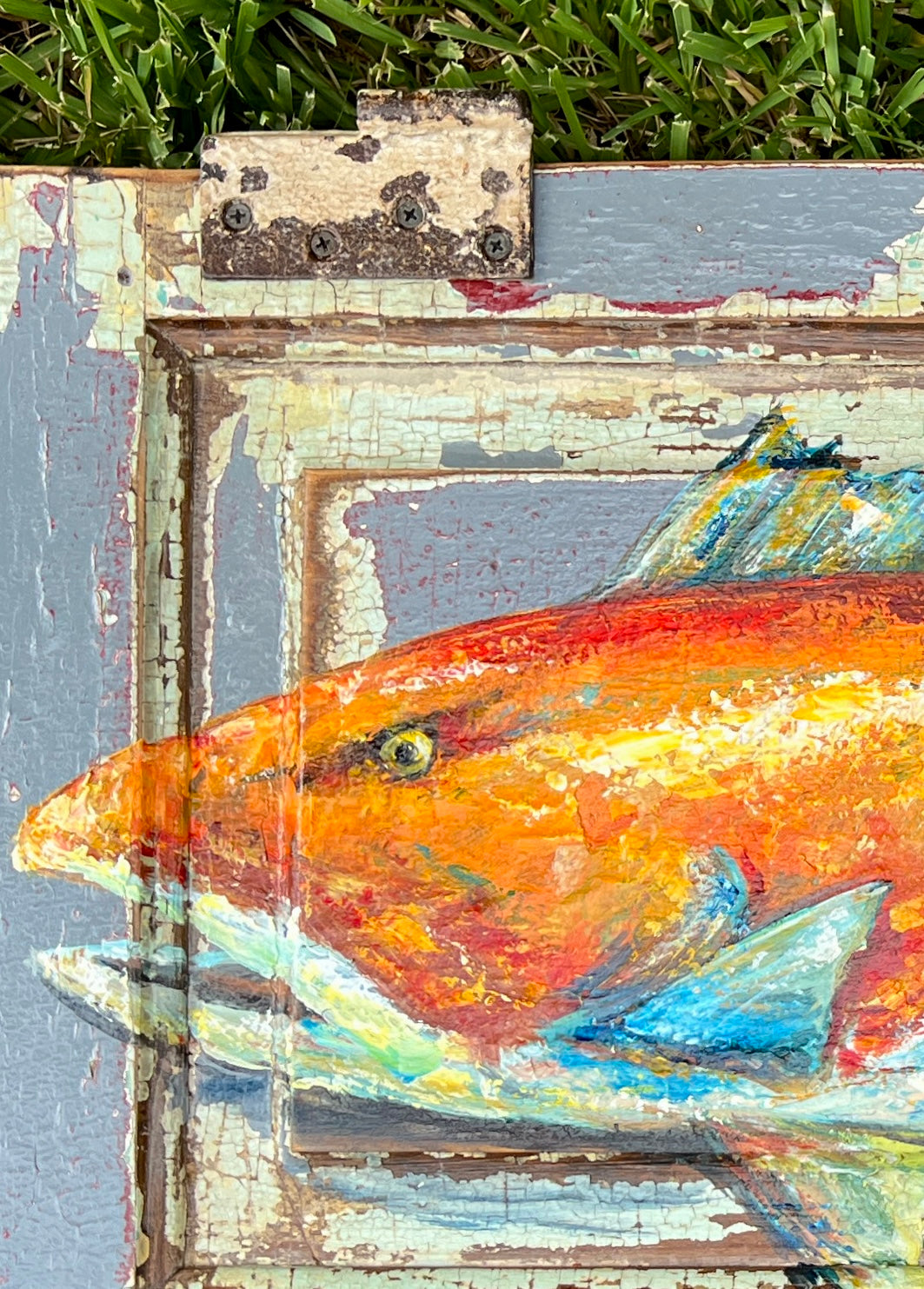 RED FISH PAINTING Original Red Drum Fish Painting by Paige DeBell on Architectural Salvage from New Orleans * Coastal Fine Art Wall Decor*