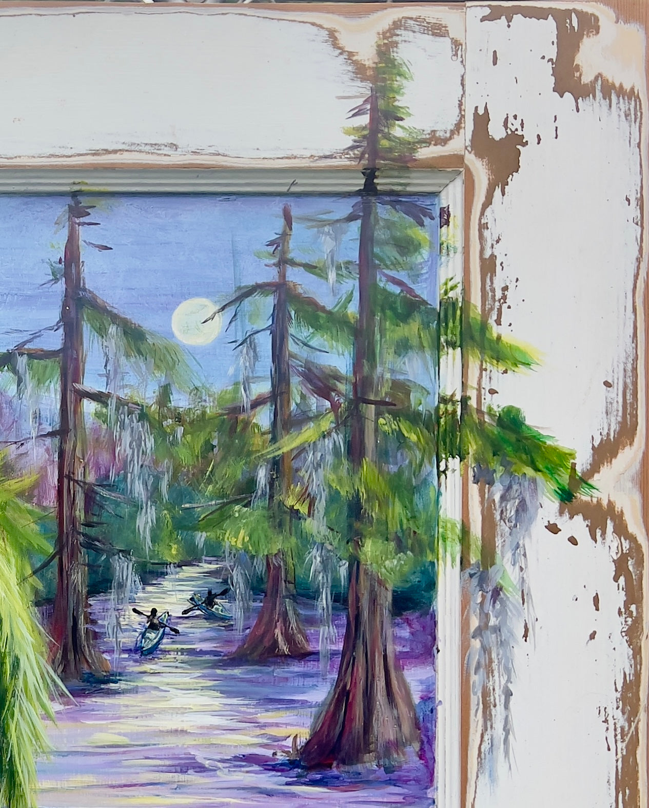 Moonlit Bayou – Original Painting | Kayakers, Alligator, Mermaid & Pirate Treasure in Louisiana Swamp" on Salvaged Door by Paige DeBell