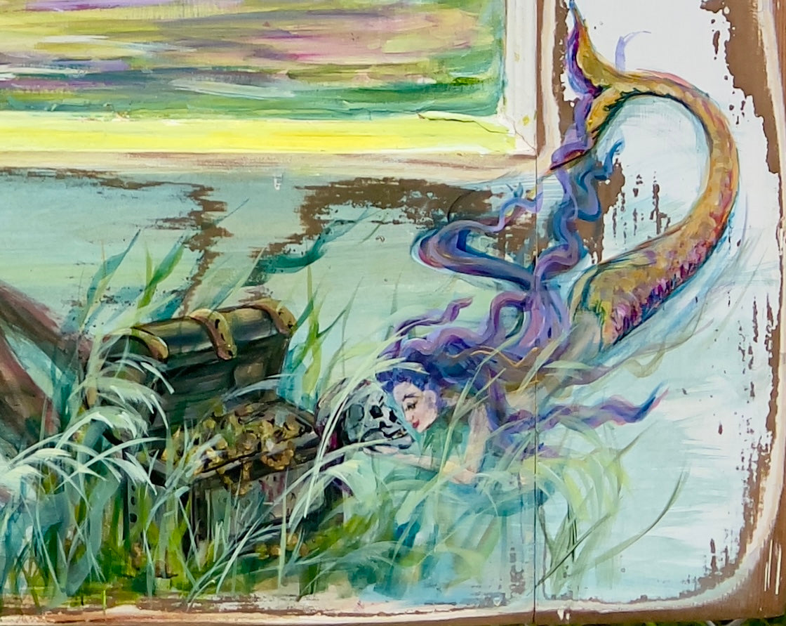 Moonlit Bayou – Original Painting | Kayakers, Alligator, Mermaid & Pirate Treasure in Louisiana Swamp" on Salvaged Door by Paige DeBell