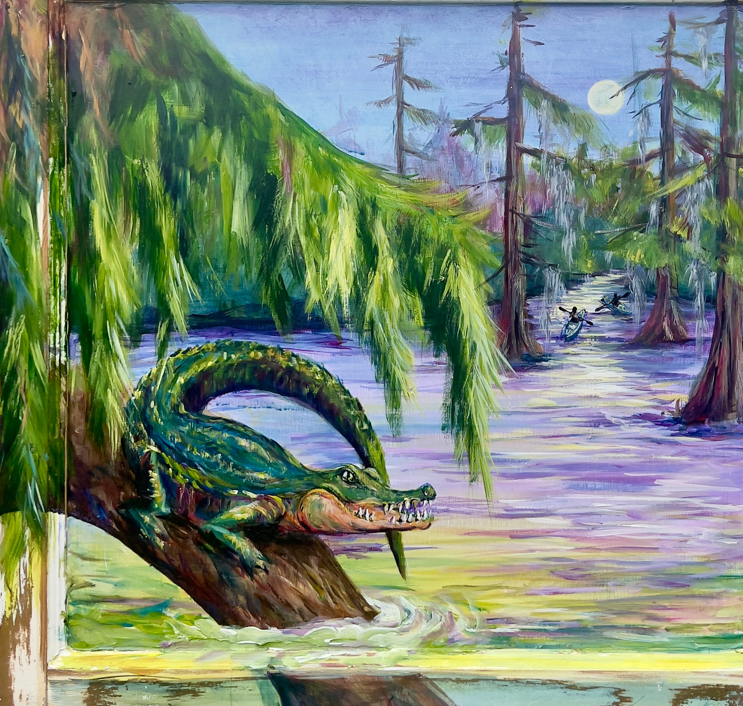 Moonlit Bayou – Original Painting | Kayakers, Alligator, Mermaid & Pirate Treasure in Louisiana Swamp" on Salvaged Door by Paige DeBell