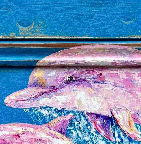 PINK DOLPHIN PAINTING Pinky and Pinkette the real pink dolphins in the Mississippi River. New Orleans artist, Paige DeBell 24”x29”