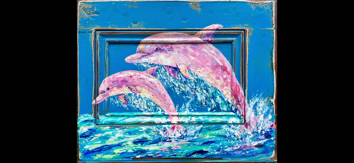 PINK DOLPHIN PAINTING Pinky and Pinkette the real pink dolphins in the Mississippi River. New Orleans artist, Paige DeBell 24”x29”