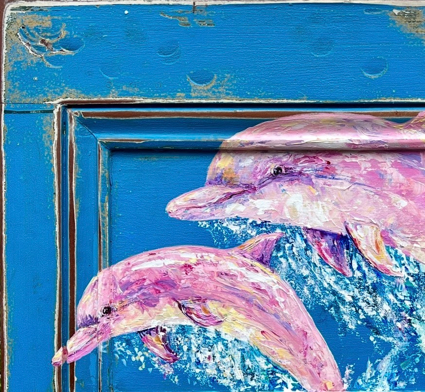 PINK DOLPHIN PAINTING Pinky and Pinkette the real pink dolphins in the Mississippi River. New Orleans artist, Paige DeBell 24”x29”