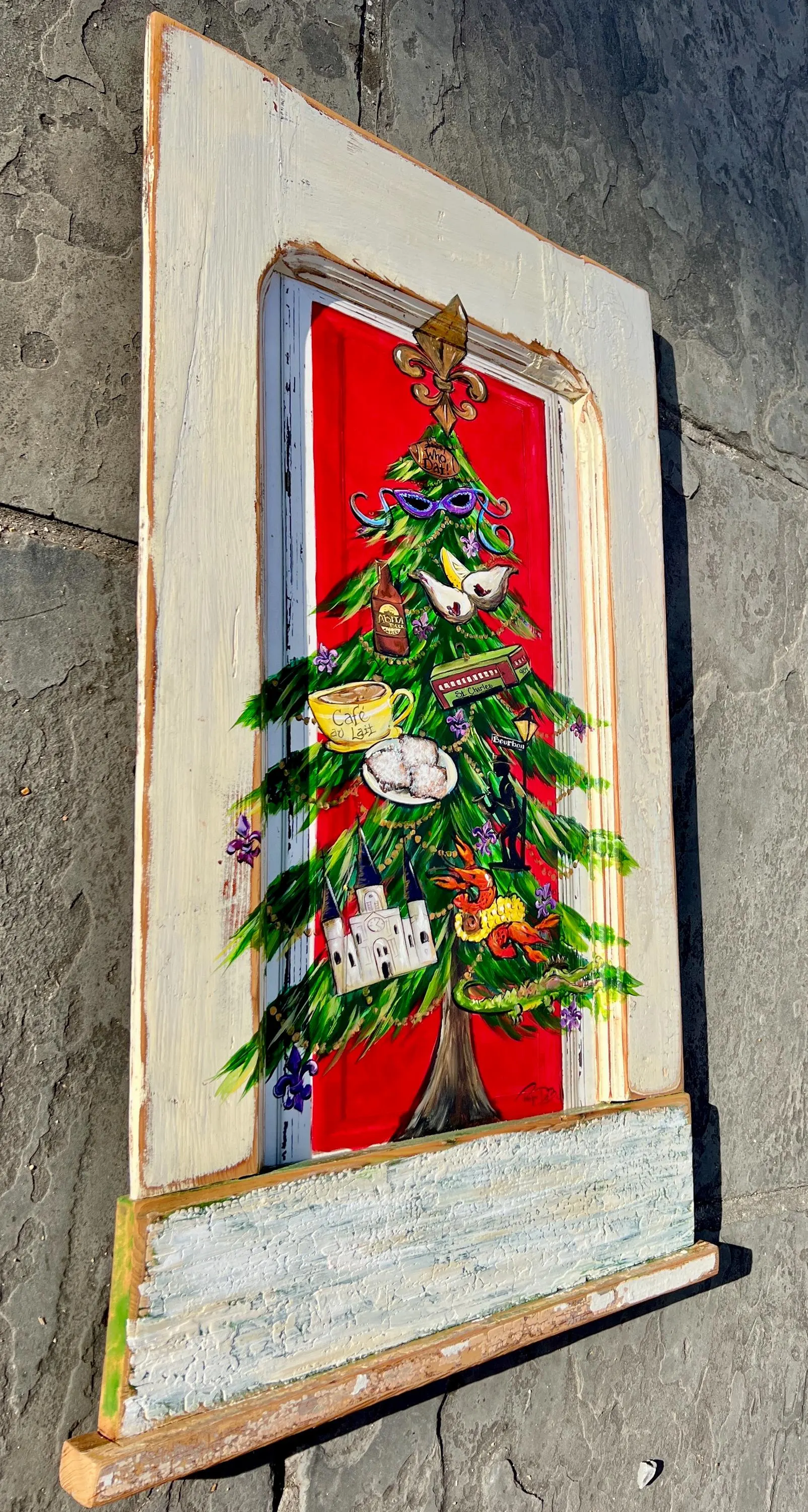 New Orleans PAINTED CHRISTMAS TREE**Decorated with whimsical Nola Ornaments in a Salvaged wood frame** Cajun Christmas artwork 36 x 22
