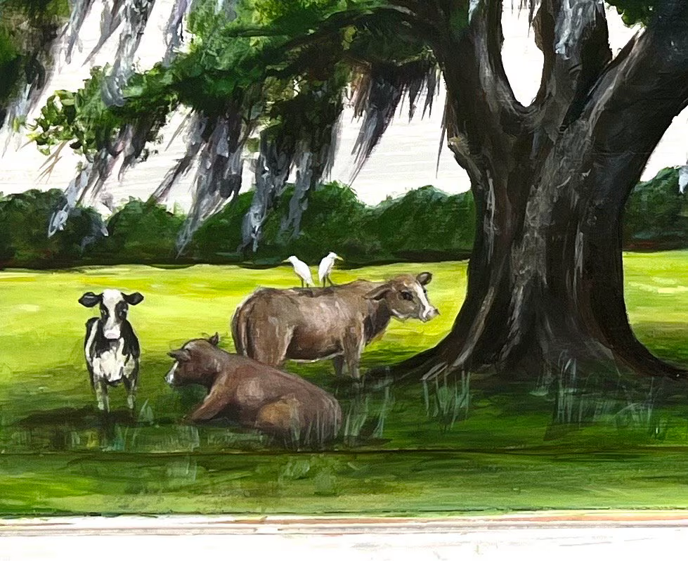 Original LIVE OAK TREE painting “Plant a Tree” with Cows in the shade. Painted on a Reclaimed Wood Door . artist: Paige DeBell