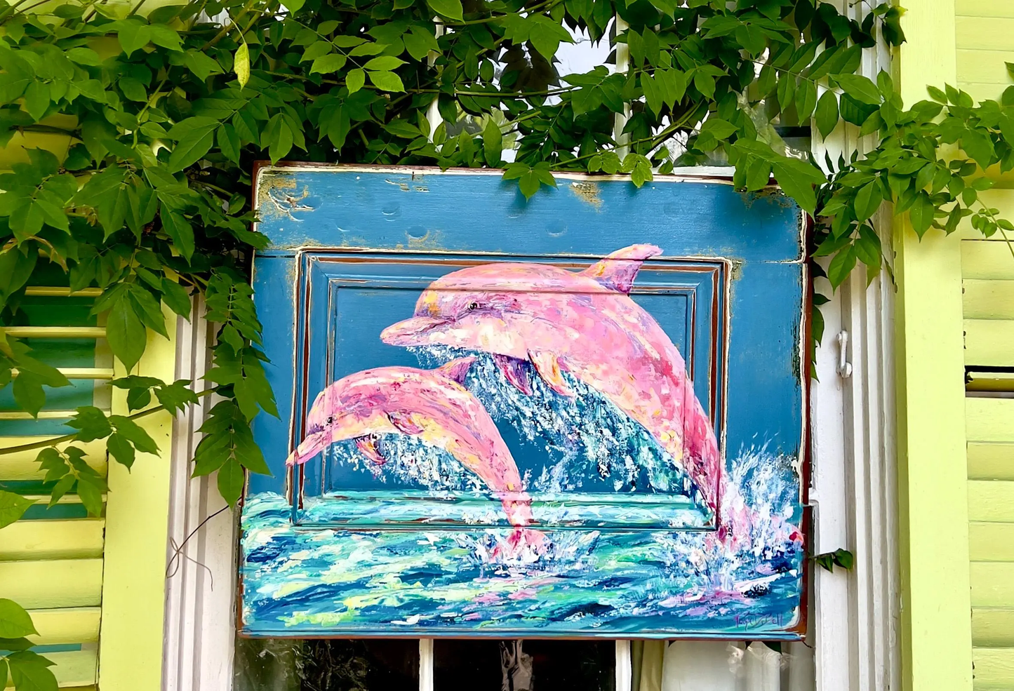 PINK DOLPHIN PAINTING Pinky and Pinkette the real pink dolphins in the Mississippi River. New Orleans artist, Paige DeBell 24”x29”
