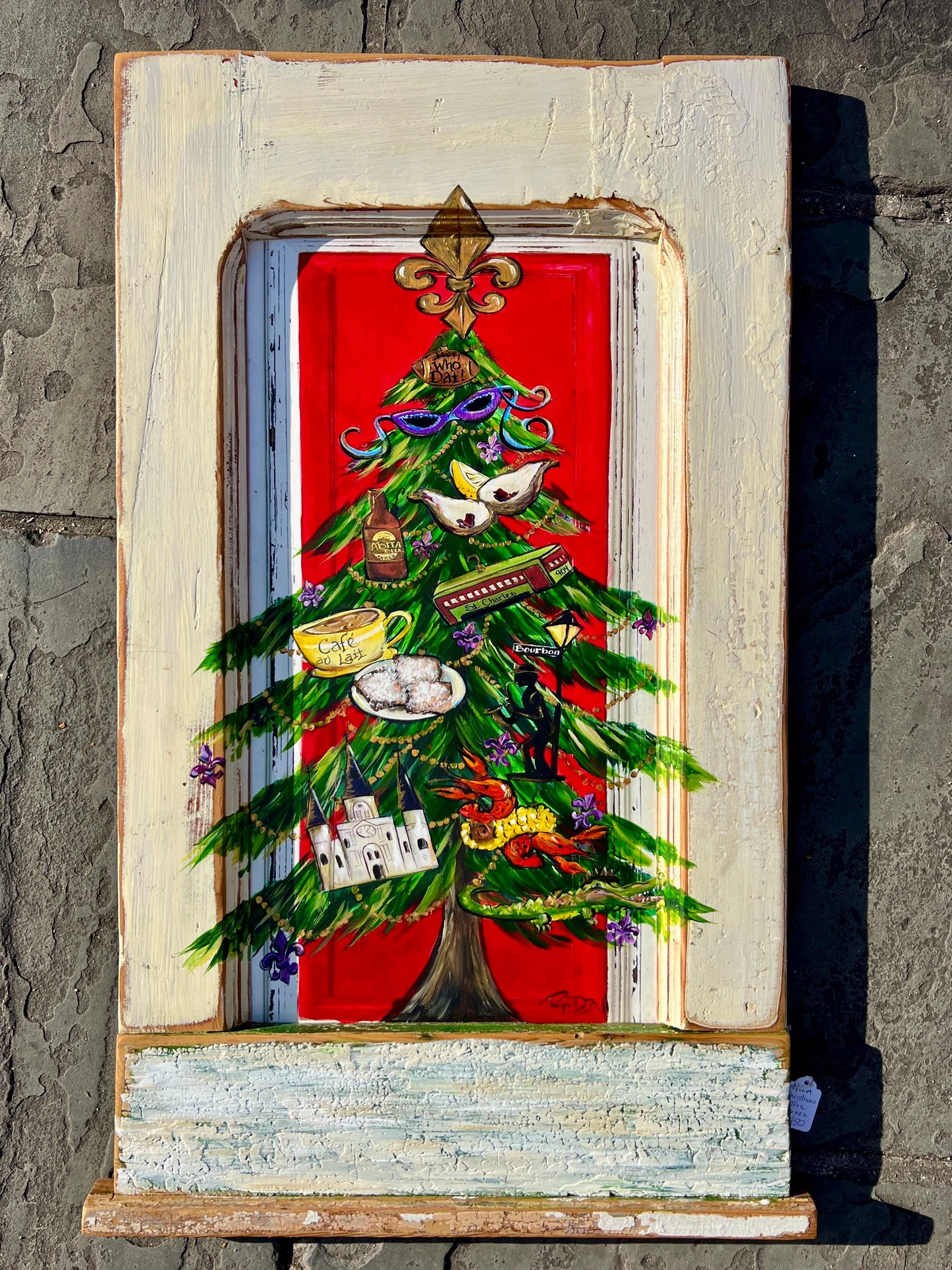 New Orleans PAINTED CHRISTMAS TREE**Decorated with whimsical Nola Ornaments in a Salvaged wood frame** Cajun Christmas artwork 36 x 22