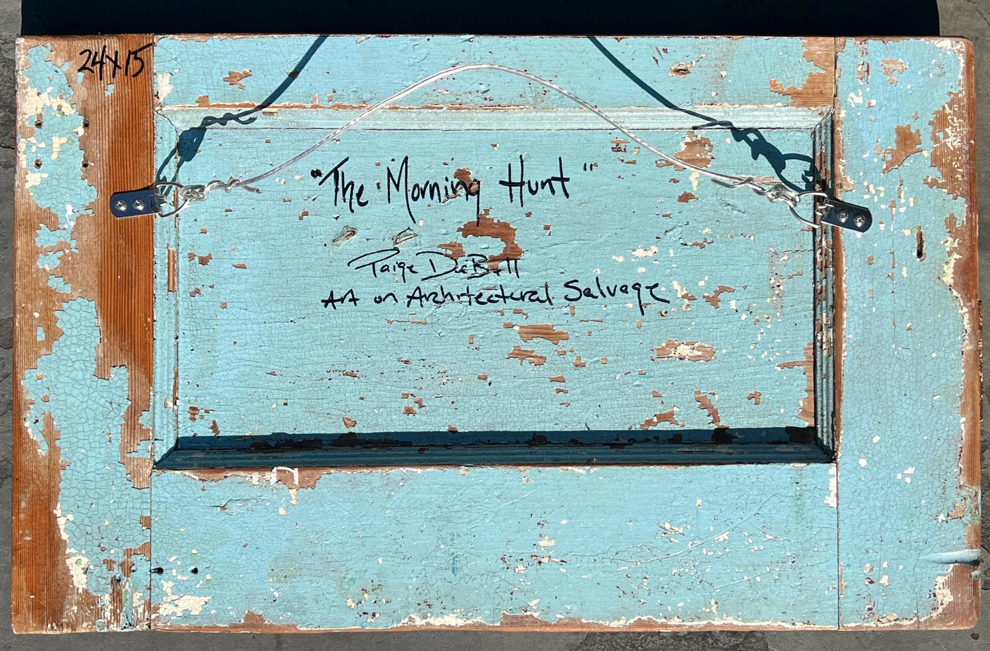 Original BLUE HERON Painting on local salvaged wood door. **The Morning Hunt**New Orleans artist: Paige DeBell 24” x 15”