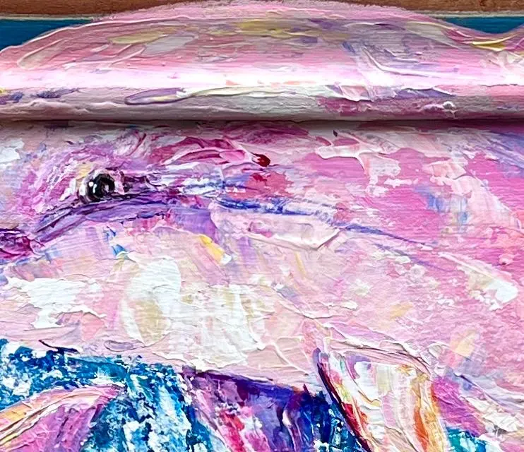 PINK DOLPHIN PAINTING Pinky and Pinkette the real pink dolphins in the Mississippi River. New Orleans artist, Paige DeBell 24”x29”