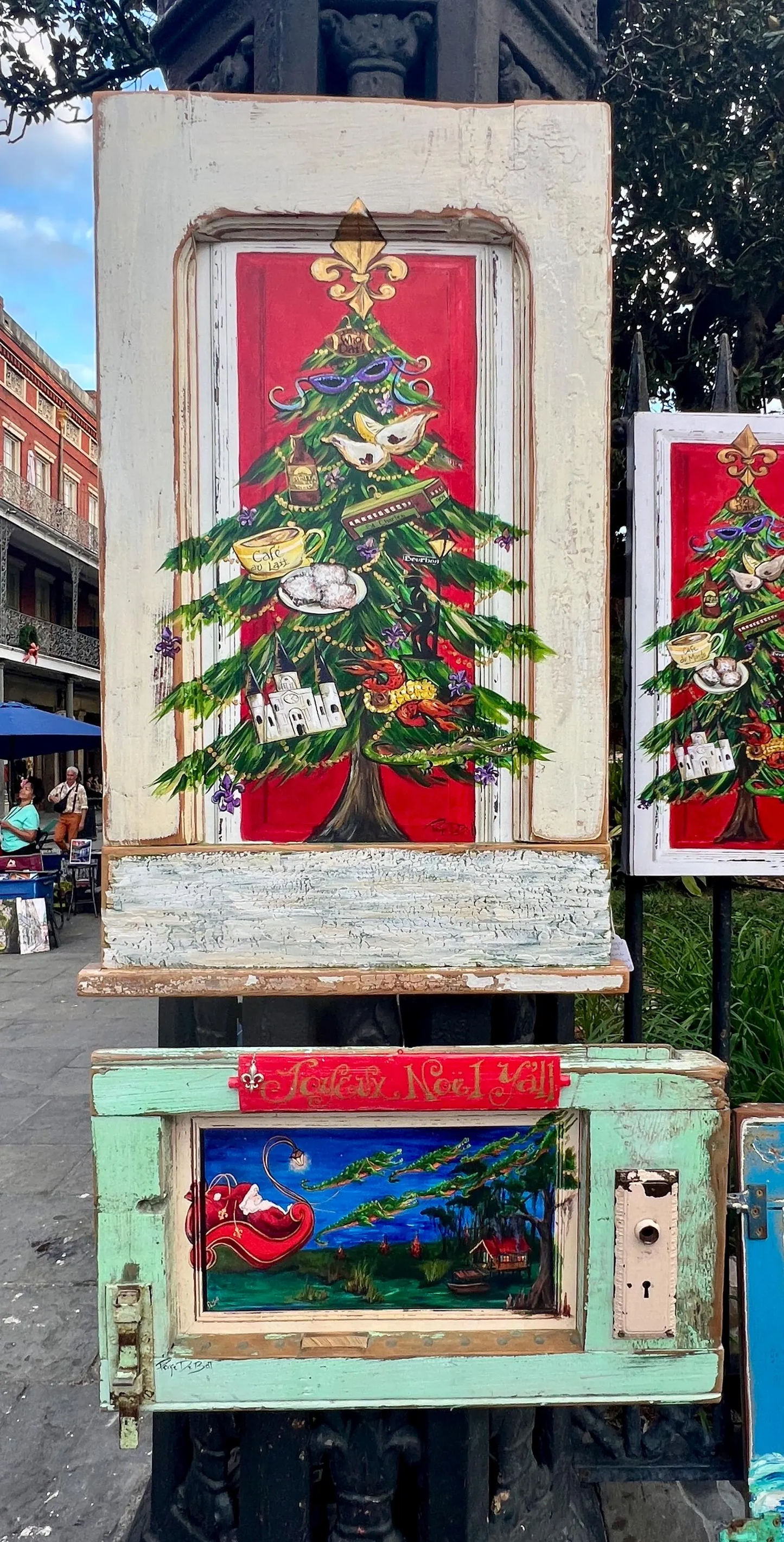 New Orleans PAINTED CHRISTMAS TREE**Decorated with whimsical Nola Ornaments in a Salvaged wood frame** Cajun Christmas artwork 36 x 22