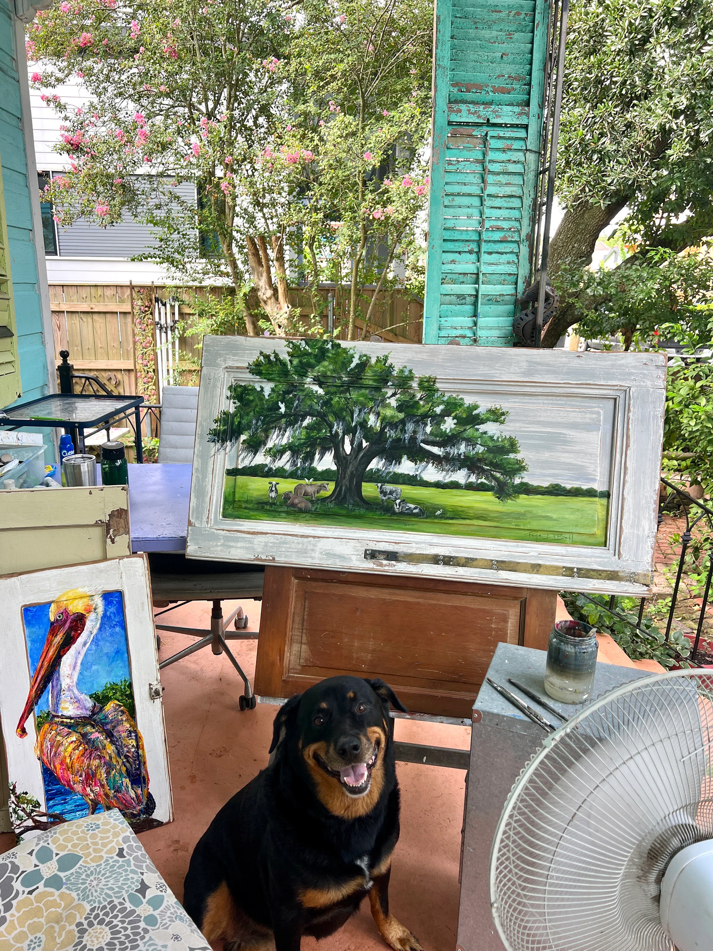 Original LIVE OAK TREE painting “Plant a Tree” with Cows in the shade. Painted on a Reclaimed Wood Door . artist: Paige DeBell