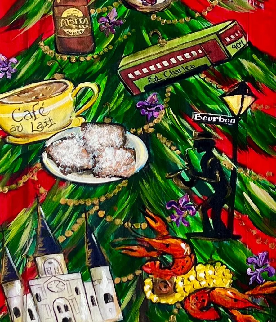 New Orleans PAINTED CHRISTMAS TREE**Decorated with whimsical Nola Ornaments in a Salvaged wood frame** Cajun Christmas artwork 36 x 22