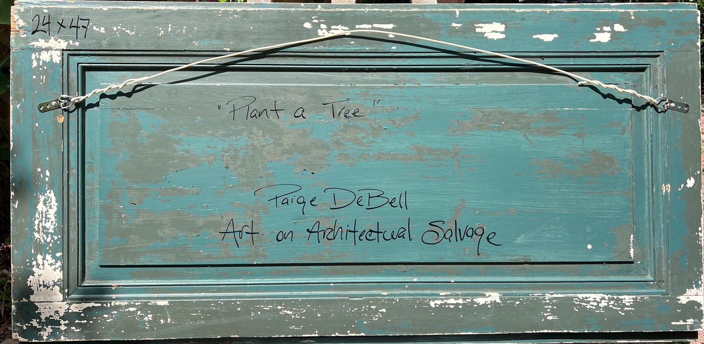 Original LIVE OAK TREE painting “Plant a Tree” with Cows in the shade. Painted on a Reclaimed Wood Door . artist: Paige DeBell