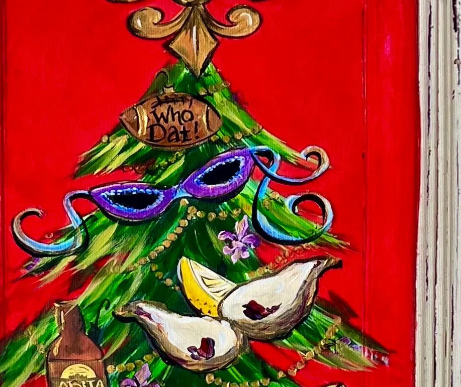New Orleans PAINTED CHRISTMAS TREE**Decorated with whimsical Nola Ornaments in a Salvaged wood frame** Cajun Christmas artwork 36 x 22