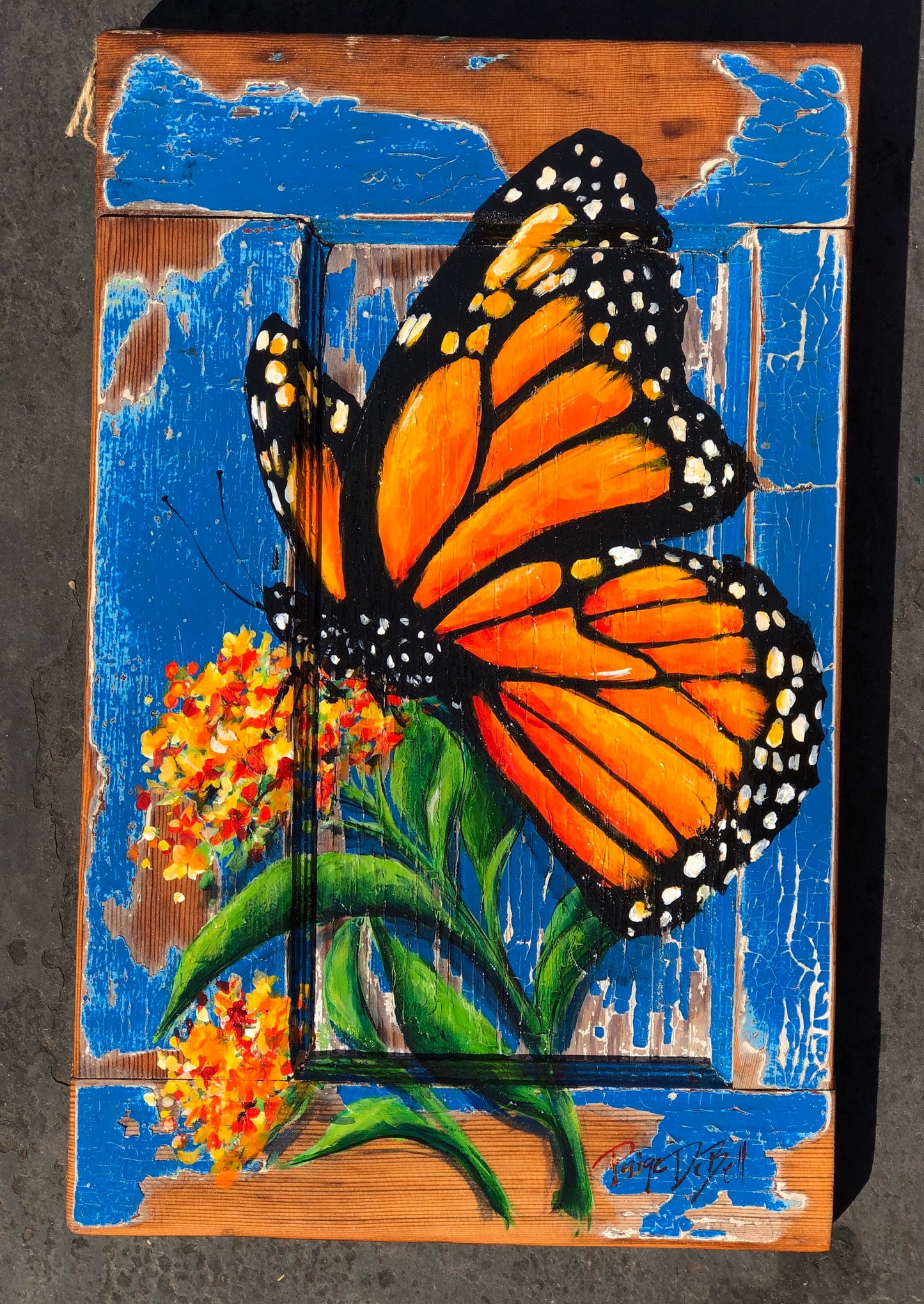 MONARCH BUTTERFLY and Tropical MILKWEED Original Painting on a Katrina Damaged Door by New Orleans artist, Paige DeBell