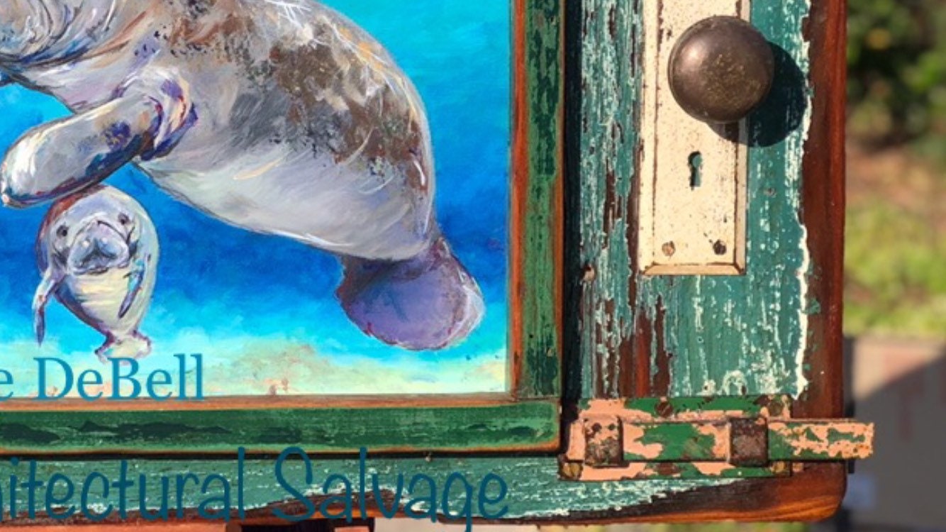 MANATEE FAMILY Original Painting on a Kartina Damaged Door by New Orleans artist, Paige DeBell** Fine Art Original Painting 21 x 31