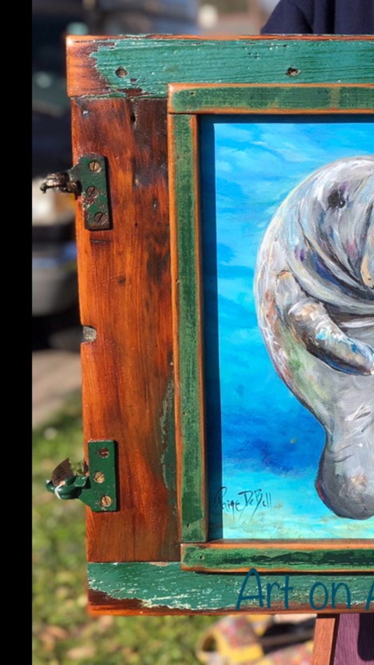 MANATEE FAMILY Original Painting on a Kartina Damaged Door by New Orleans artist, Paige DeBell** Fine Art Original Painting 21 x 31