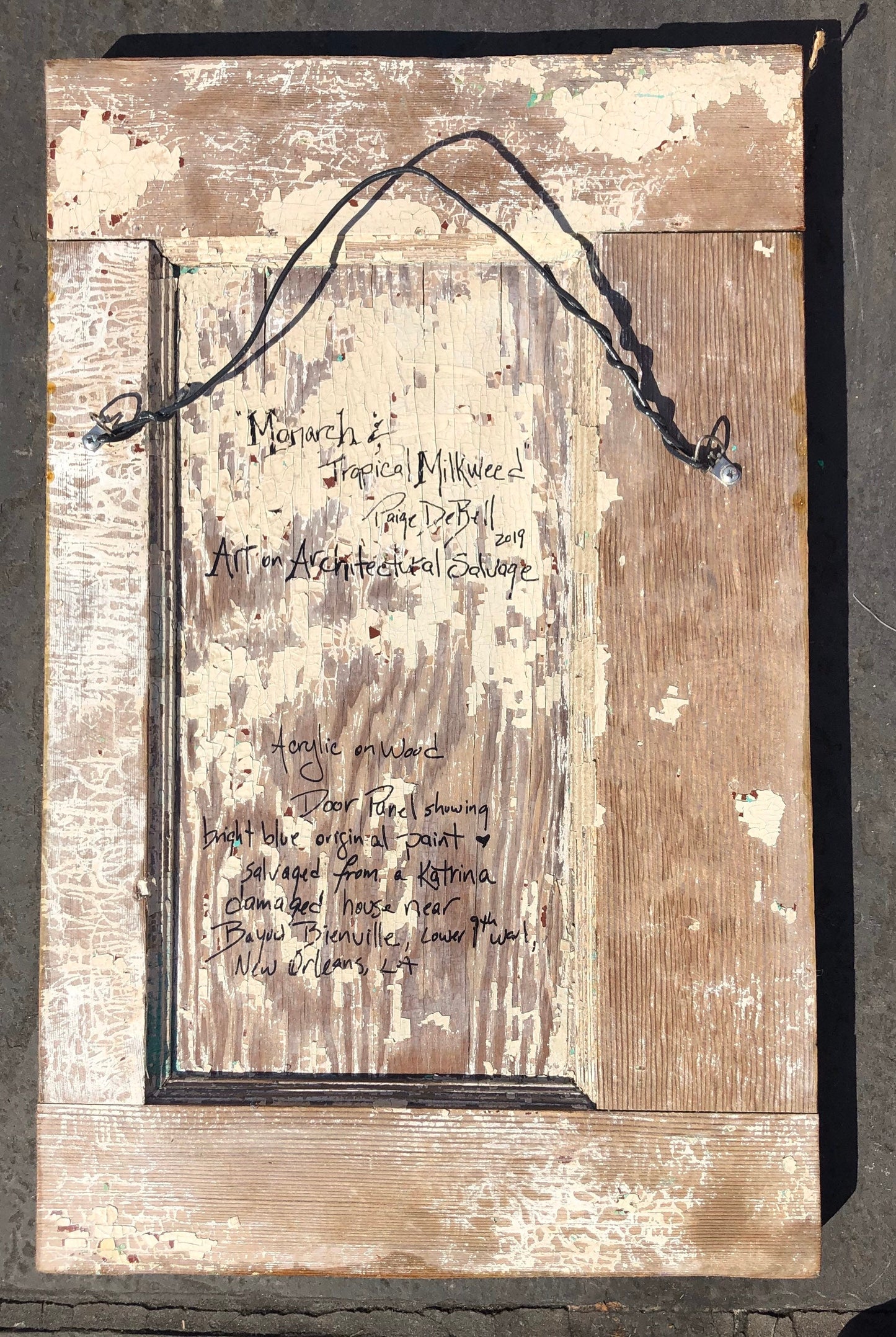 MONARCH BUTTERFLY and Tropical MILKWEED Original Painting on a Katrina Damaged Door by New Orleans artist, Paige DeBell