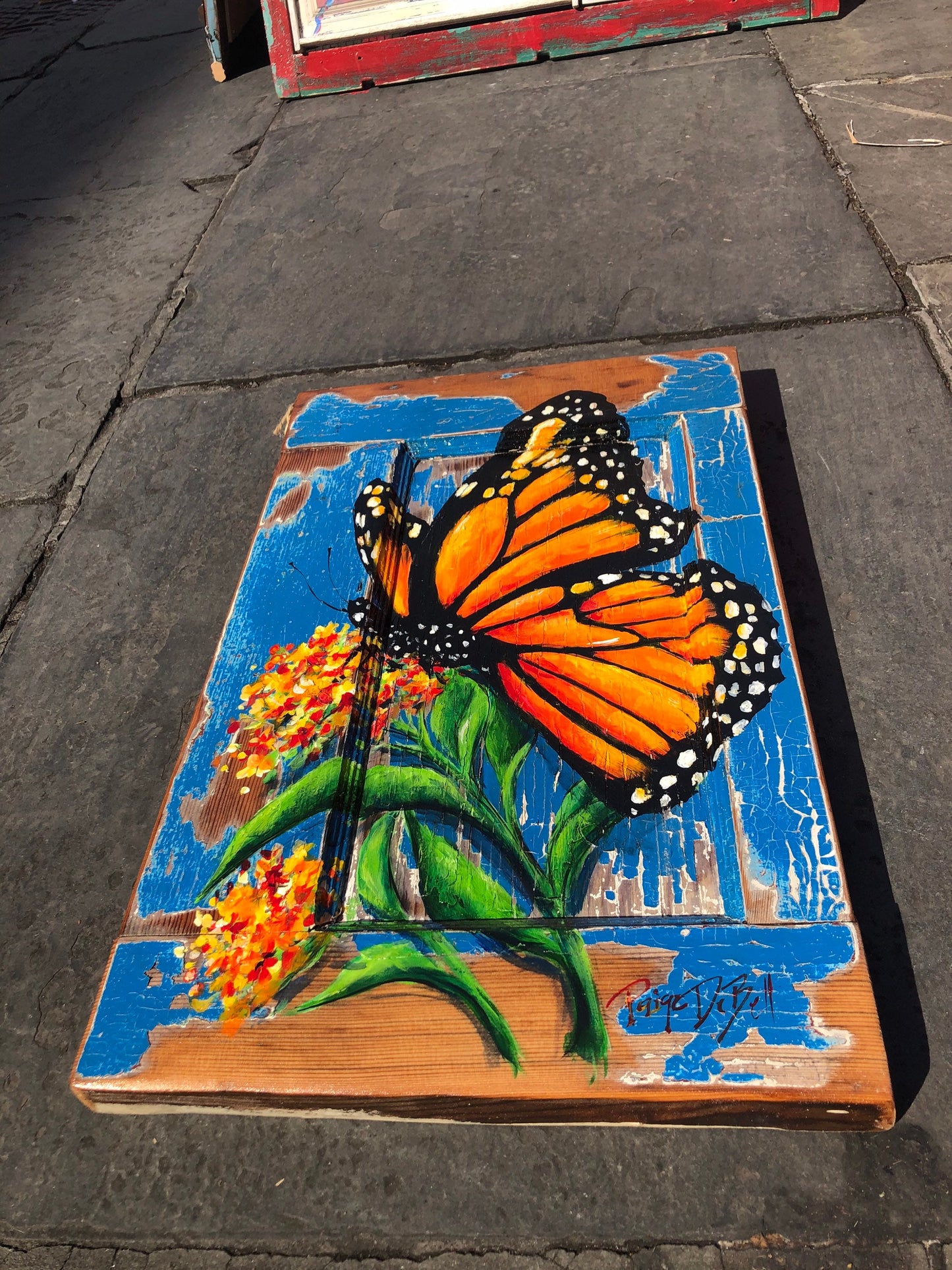 MONARCH BUTTERFLY and Tropical MILKWEED Original Painting on a Katrina Damaged Door by New Orleans artist, Paige DeBell