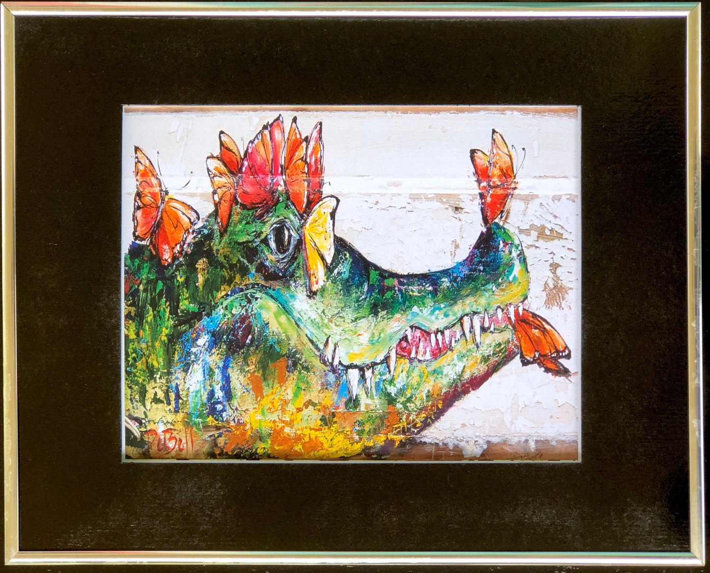 ALLIGATOR and BUTTERFLIES ** 11" x14" Print of my original painting by New Orleans artist, Paige DeBell on Architectural Salvage
