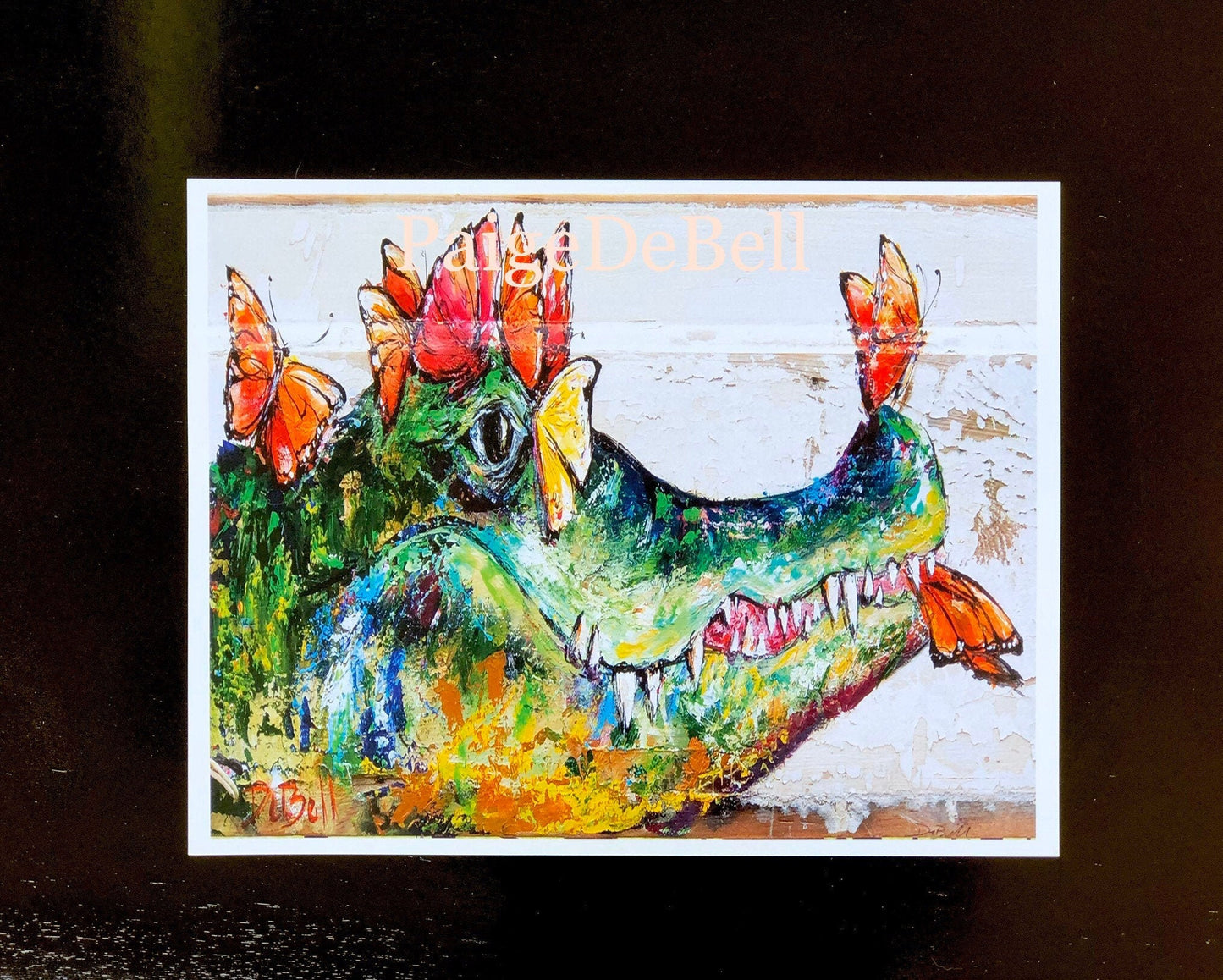 ALLIGATOR and BUTTERFLIES ** 11" x14" Print of my original painting by New Orleans artist, Paige DeBell on Architectural Salvage