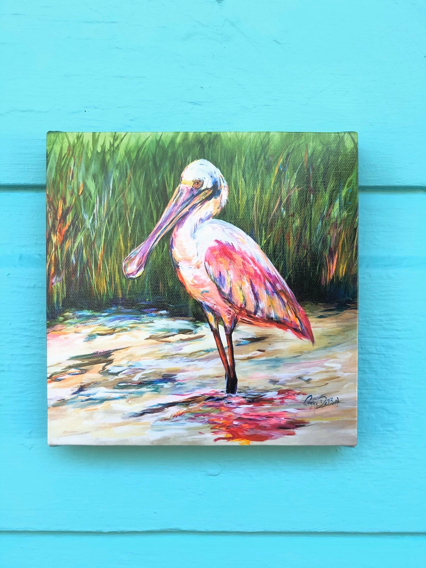 ROSEATE SPOONBILL ** 8x8 Stretched Canvas Giclee of Original by New Orleans artist Paige DeBell. Art on Architectural Salvage