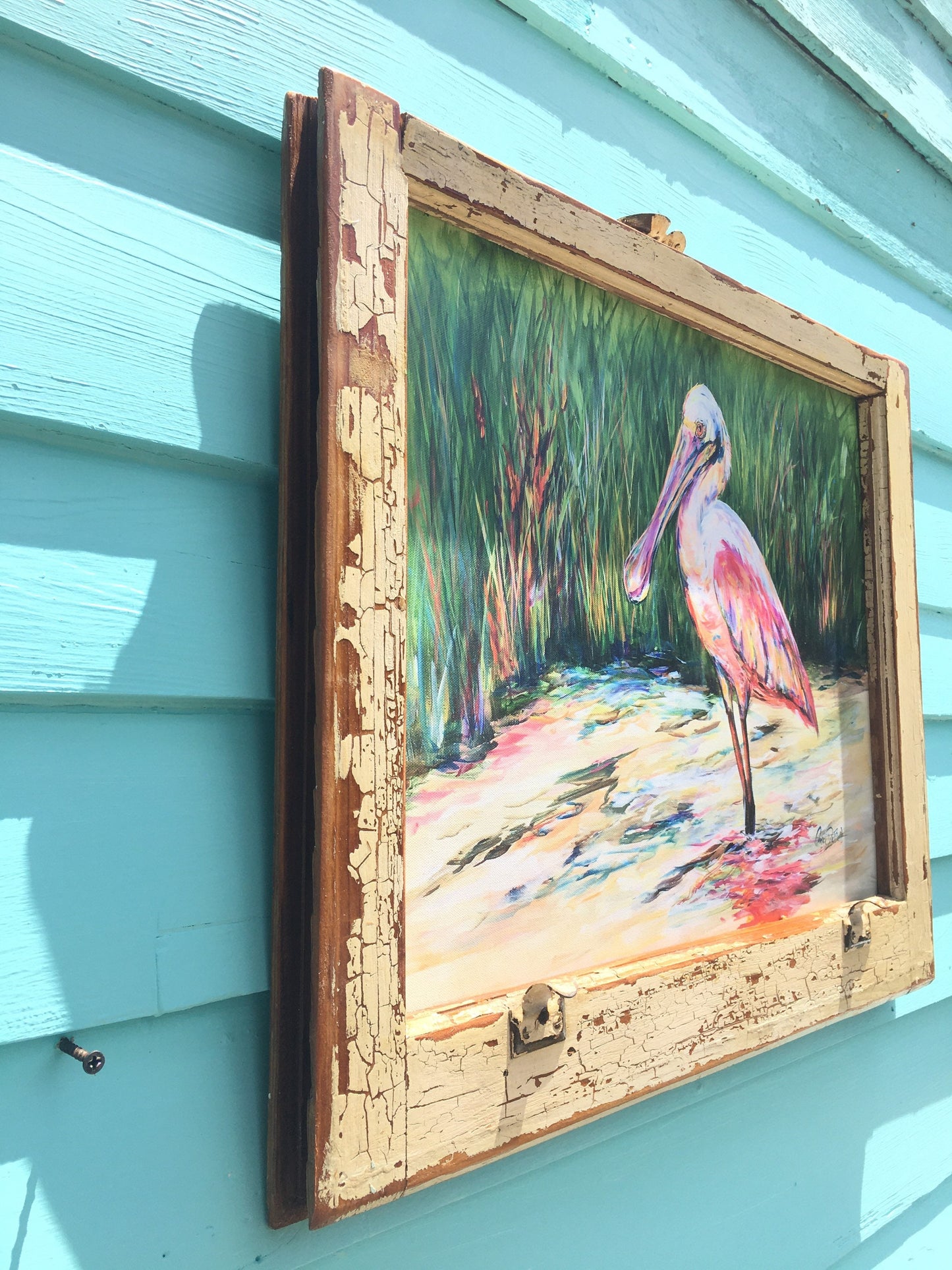 ROSEATE SPOONBILL PAINTING** Architectural Salvage Frame**Vintage Window Sash 20 x 24** Paige DeBell Fine Art
