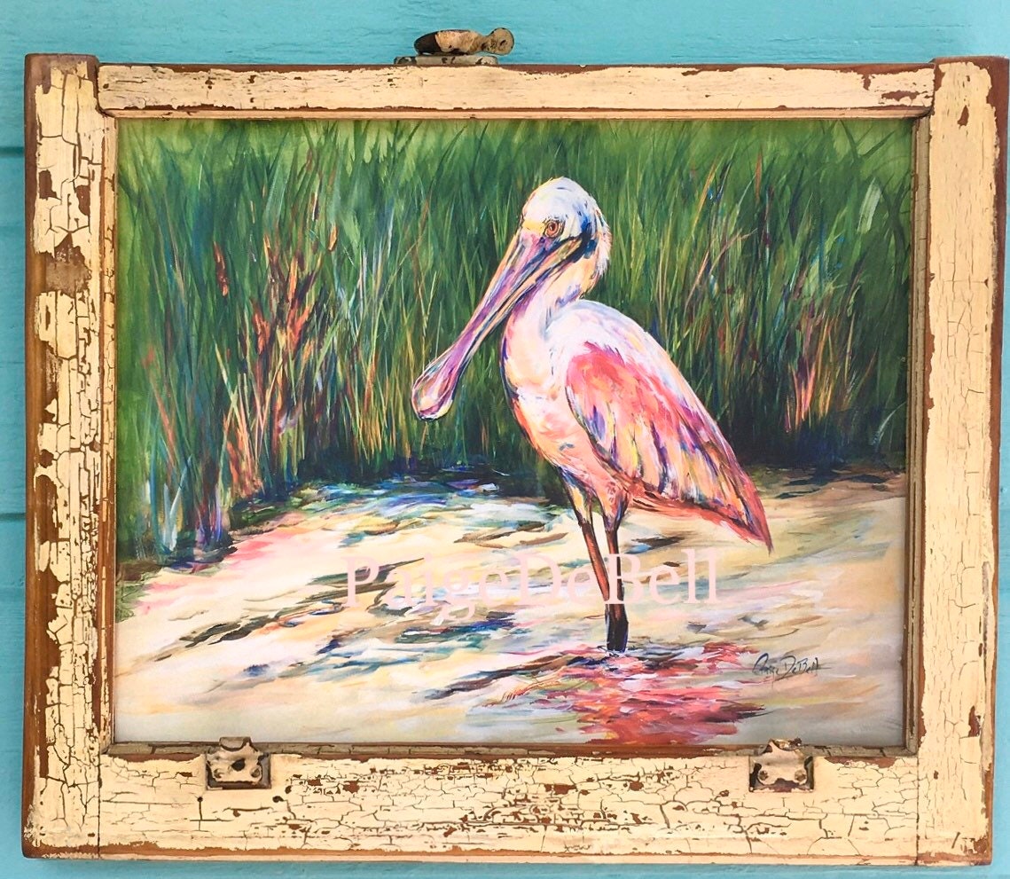 ROSEATE SPOONBILL PAINTING** Architectural Salvage Frame**Vintage Window Sash 20 x 24** Paige DeBell Fine Art