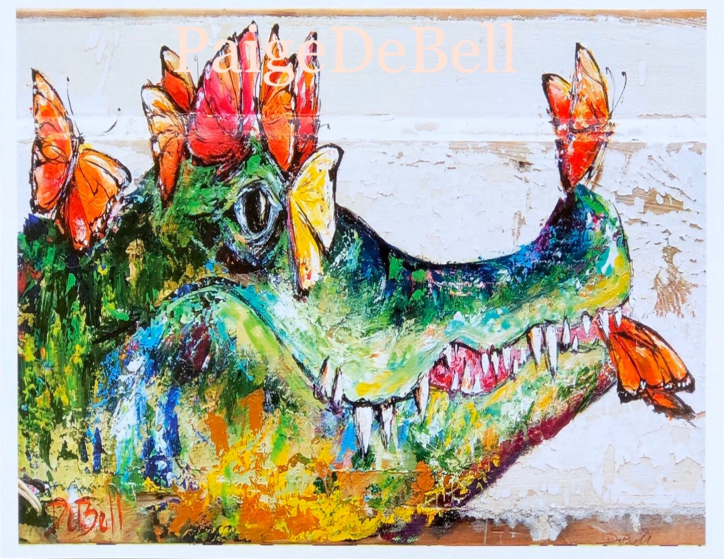 ALLIGATOR and BUTTERFLIES ** 11" x14" Print of my original painting by New Orleans artist, Paige DeBell on Architectural Salvage