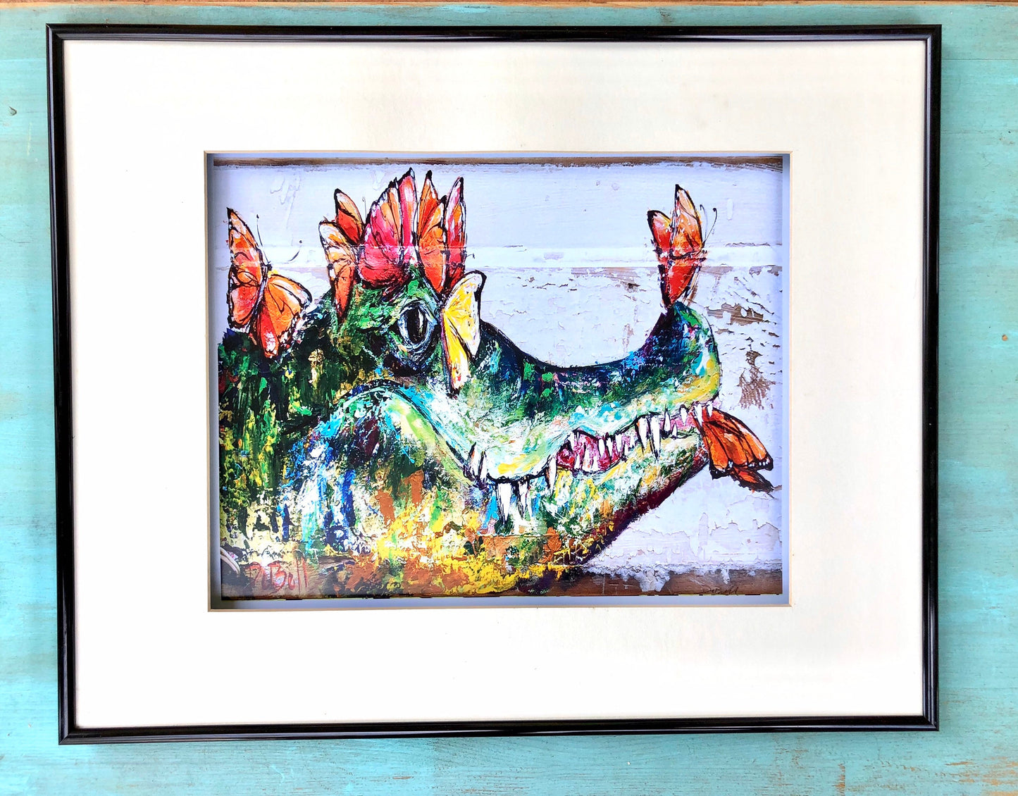 ALLIGATOR and BUTTERFLIES ** 11" x14" Print of my original painting by New Orleans artist, Paige DeBell on Architectural Salvage