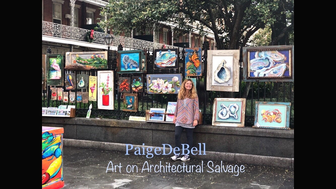 ALLIGATOR and BUTTERFLIES * 5x7 Stretched Canvas Giclee of my original painting by New Orleans artist, Paige DeBell on Architectural Salvage