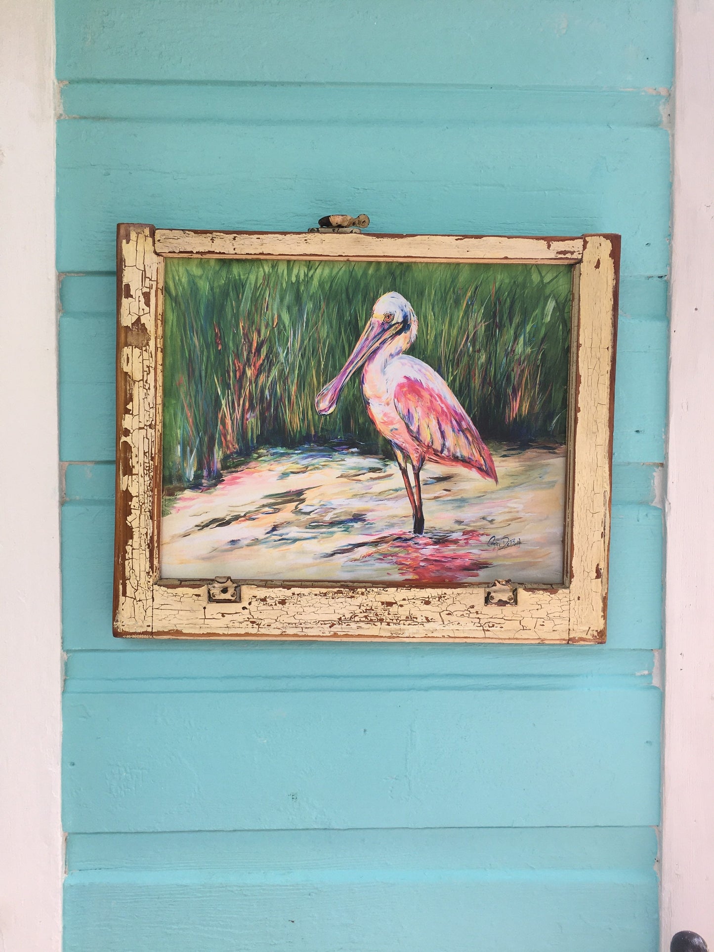 ROSEATE SPOONBILL PAINTING** Architectural Salvage Frame**Vintage Window Sash 20 x 24** Paige DeBell Fine Art