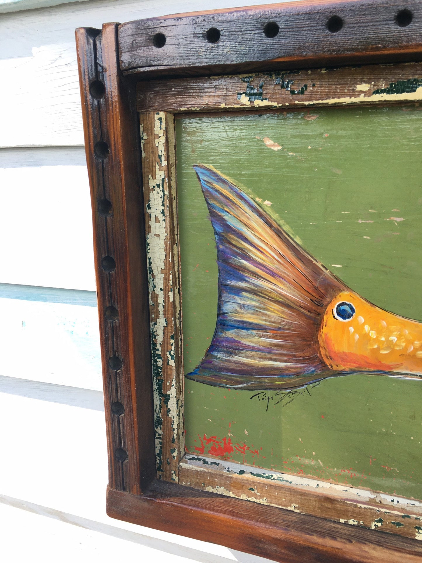 BULL REDFISH PAINTING Original Painting on Architectural Salvage from New Orleans**Fine Art by Paige DeBell
