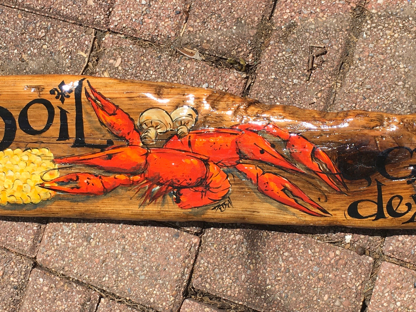 CRAWFISH BOIL PAINTING on a Large piece of Driftwood from the Mississippi River by Paige DeBell, New Orleans artist