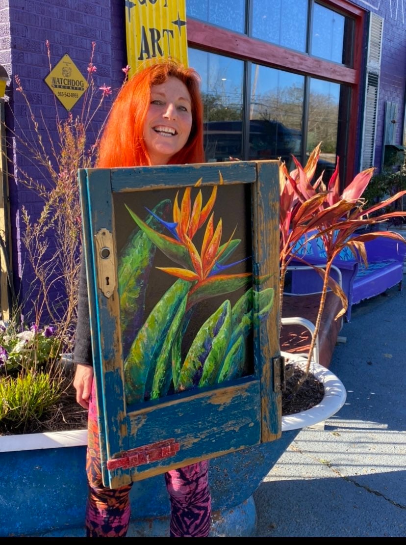 BIRDS of PARADISE PAINTING* 28 x 18 * Original Fine Art Painting on Architectural Salvage by New Orleans artist, Paige DeBell