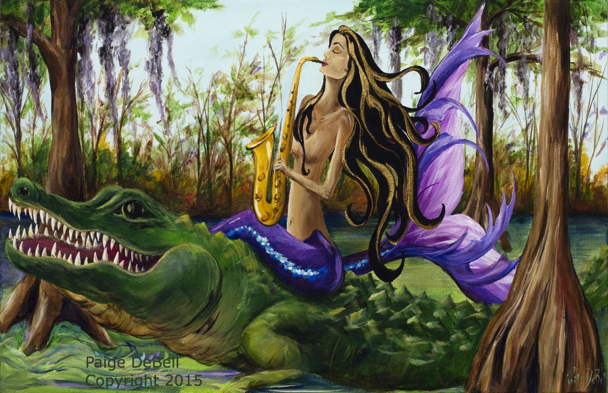 MARDI GRAS Mermaid Riding an ALLIGATOR ** 11" x 17" Print of my Original by New Orleans artist, Paige DeBell