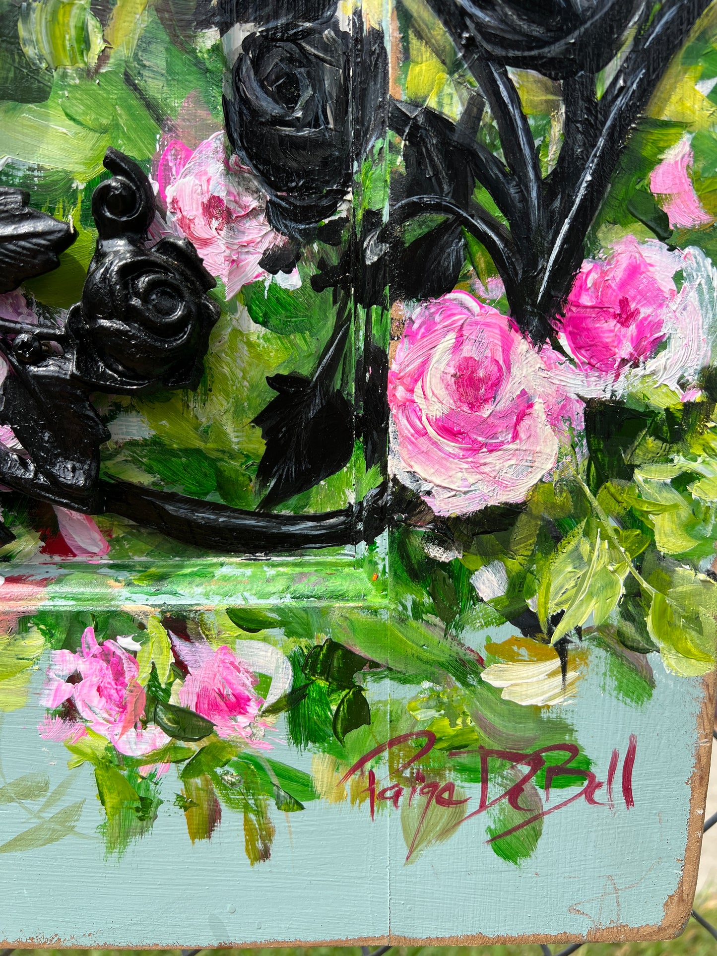 PURPLE FINCH and ROSES painted on a Salvaged door panel with Ironwork Roses