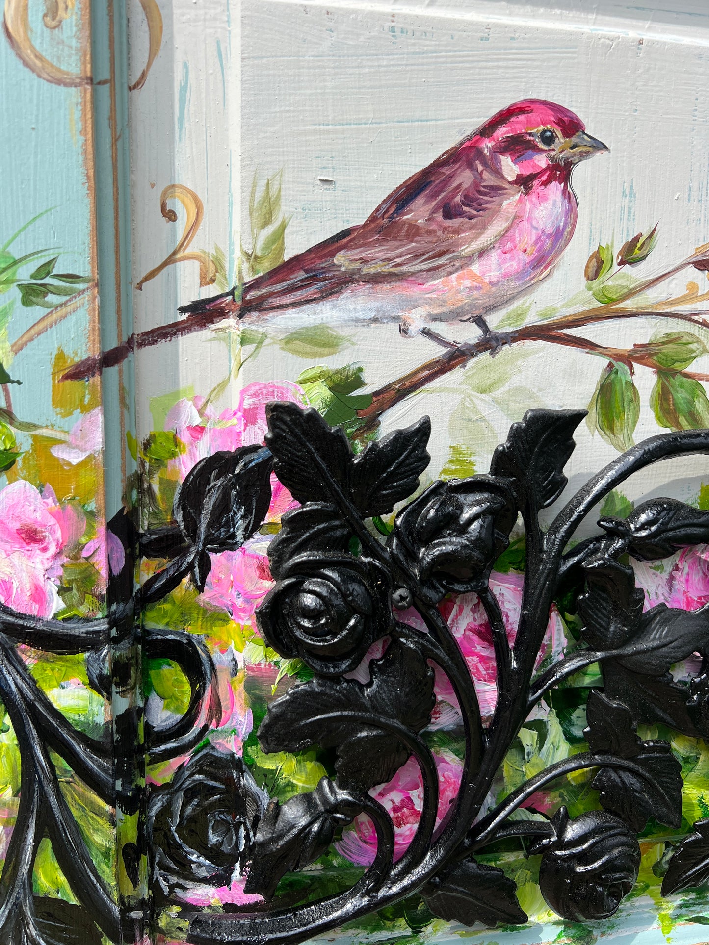 PURPLE FINCH and ROSES painted on a Salvaged door panel with Ironwork Roses