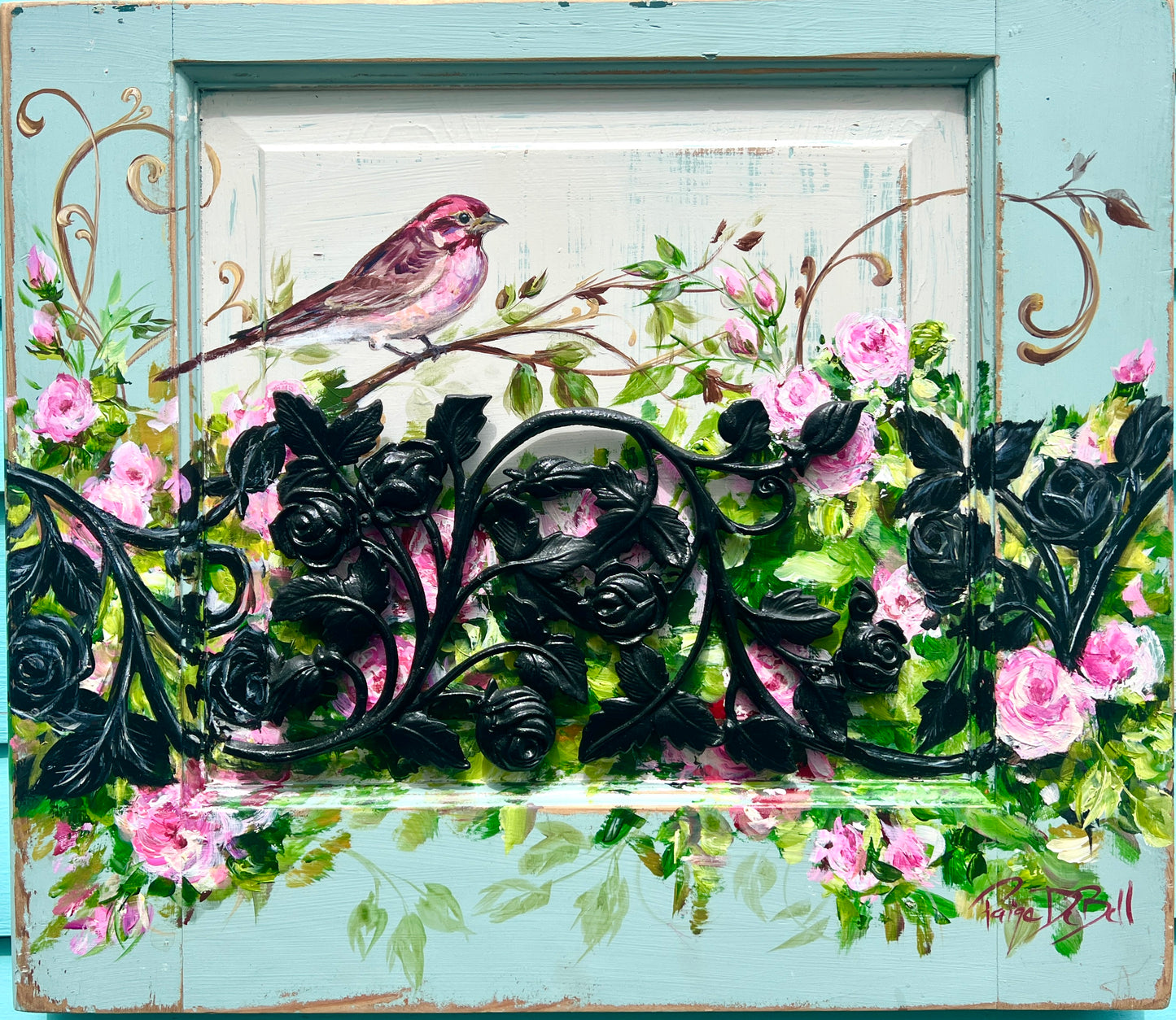 PURPLE FINCH and ROSES painted on a Salvaged door panel with Ironwork Roses