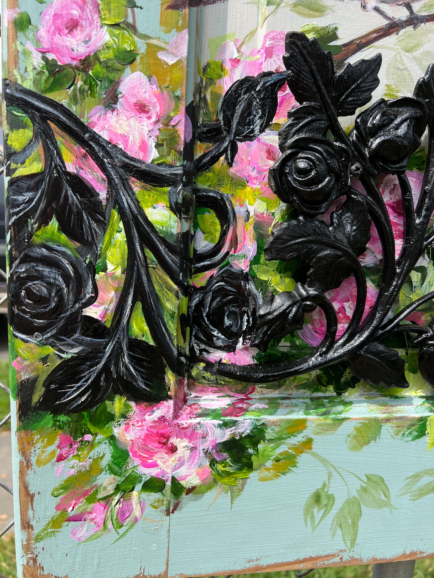 PURPLE FINCH and ROSES painted on a Salvaged door panel with Ironwork Roses