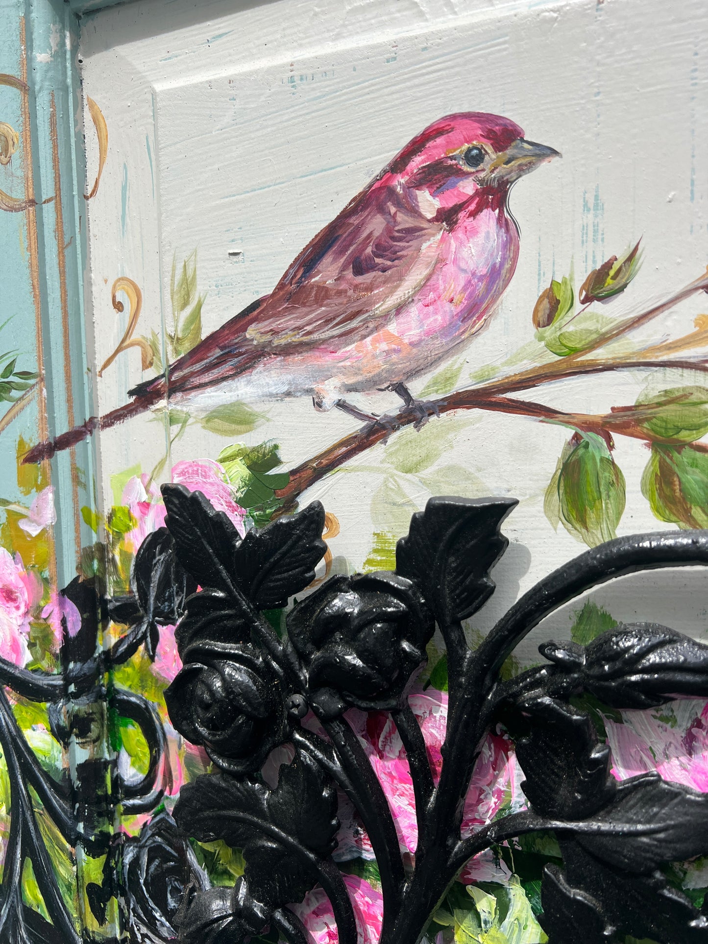 PURPLE FINCH and ROSES painted on a Salvaged door panel with Ironwork Roses