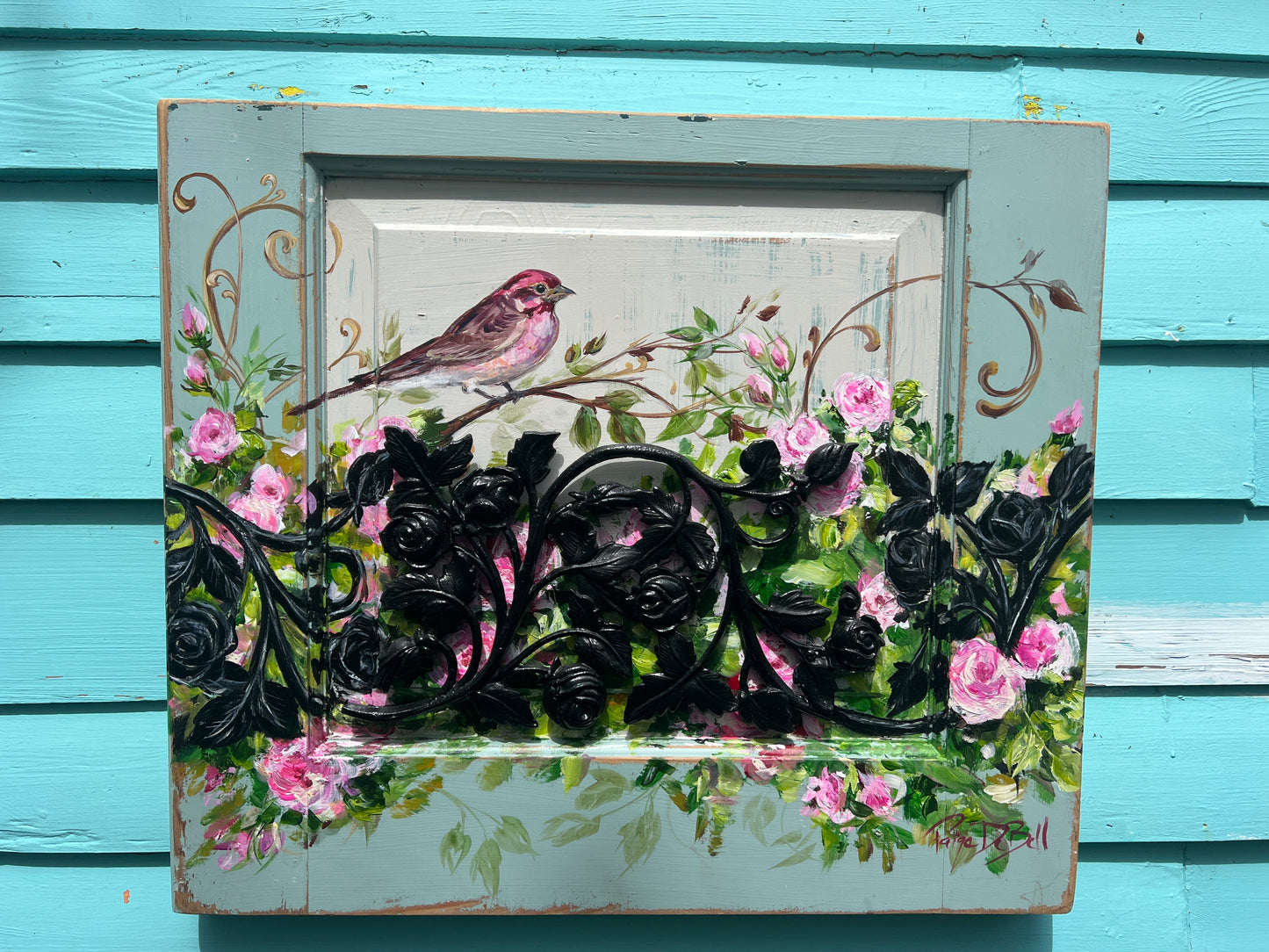PURPLE FINCH and ROSES painted on a Salvaged door panel with Ironwork Roses