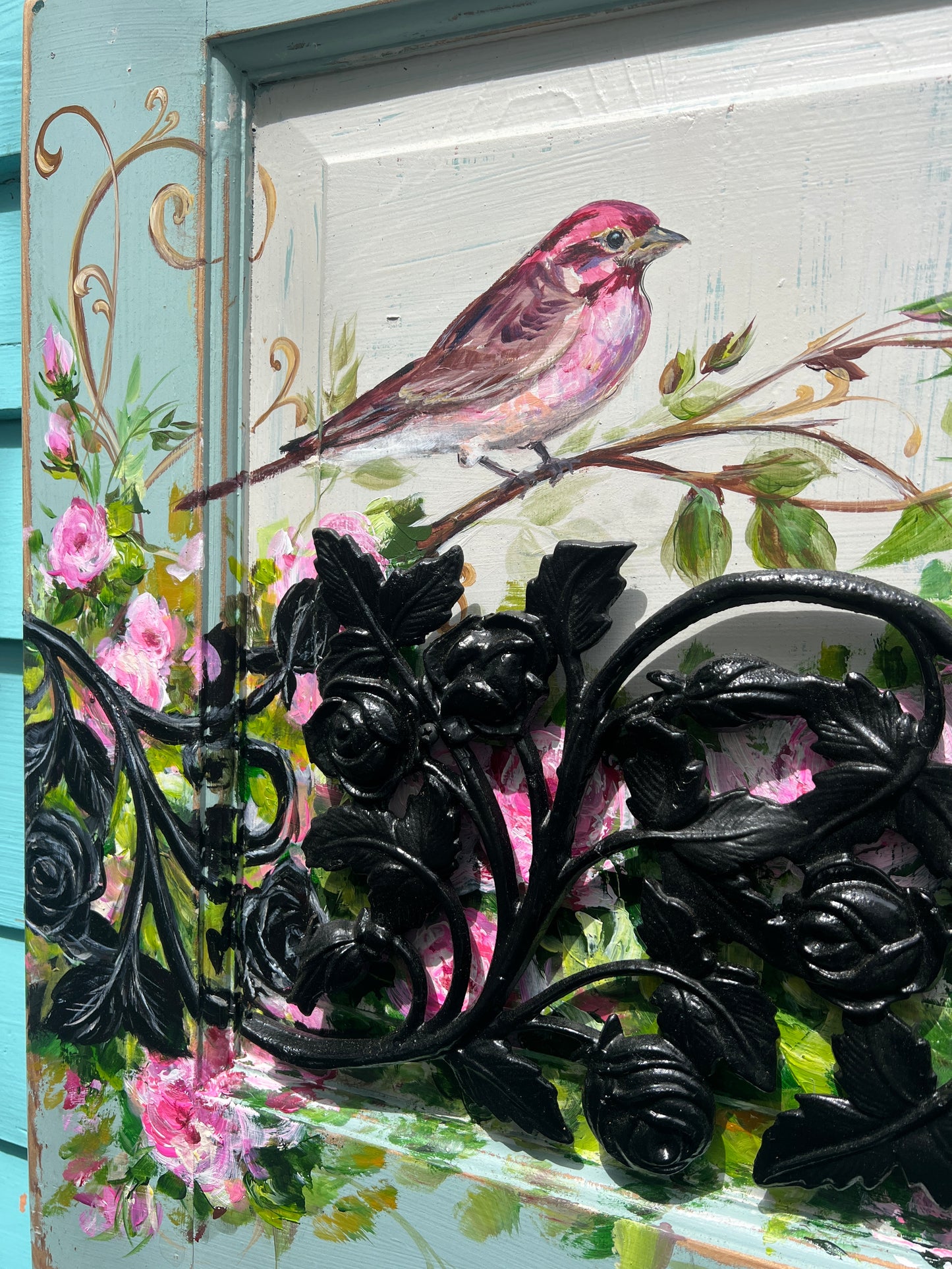 PURPLE FINCH and ROSES painted on a Salvaged door panel with Ironwork Roses