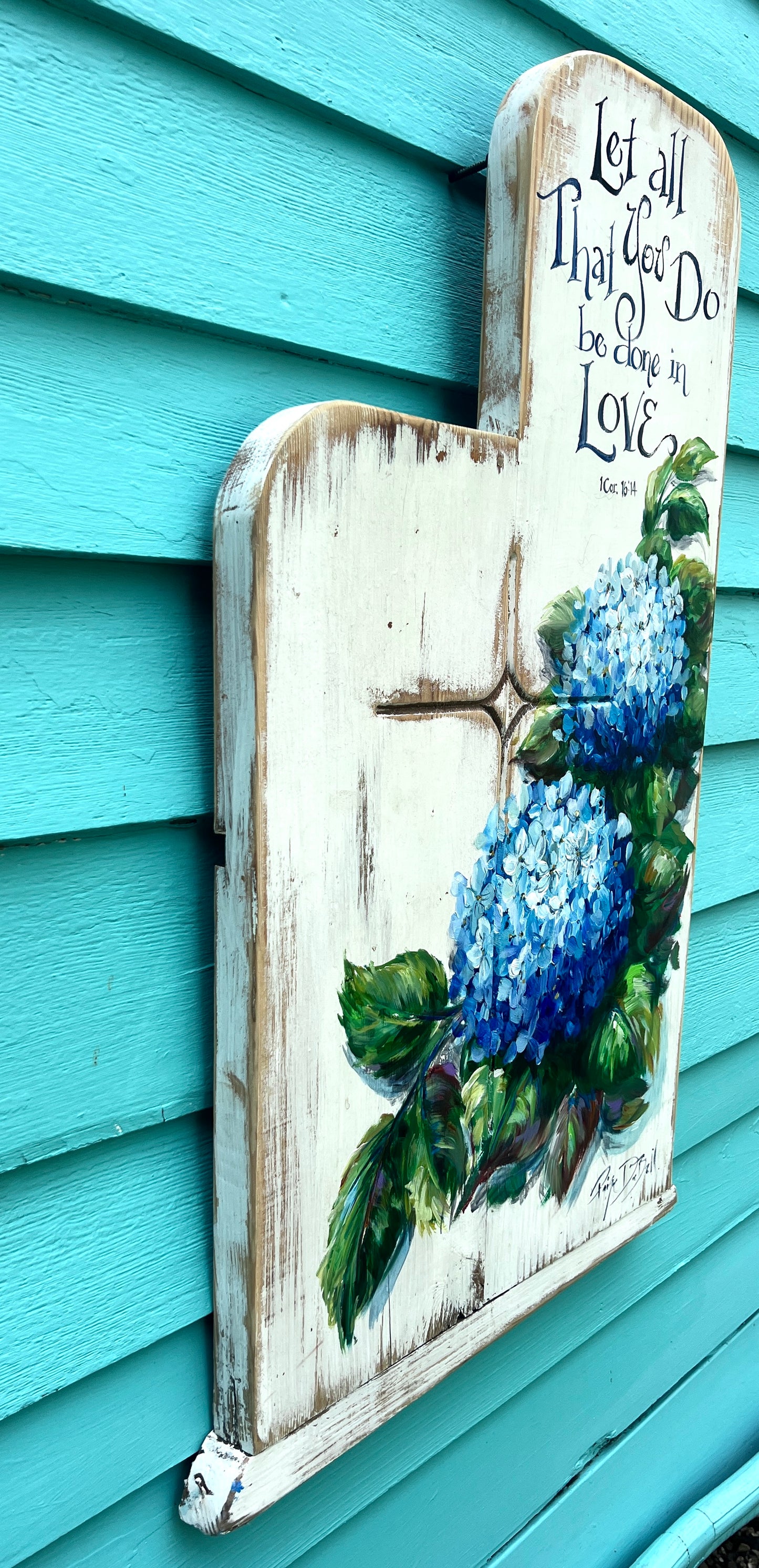 Blue HYDRANGEAS on Salvaged CHURCH PEW – Faith-Inspired Wall Art, Southern Home Decor, Inspirational Quote- Paige DeBell Art